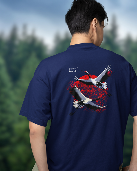 Japanese Crane White Men Oversized T-Shirt