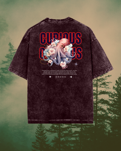 Curious Octopus Unisex Oversized Acid-Wash T-Shirt