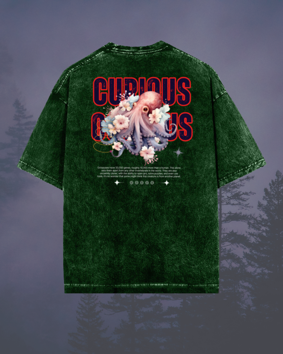 Curious Octopus Unisex Oversized Acid-Wash T-Shirt