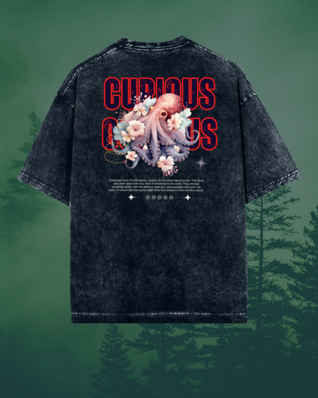 Curious Octopus Unisex Oversized Acid-Wash T-Shirt