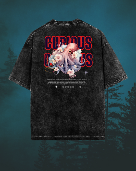 Curious Octopus Unisex Oversized Acid-Wash T-Shirt