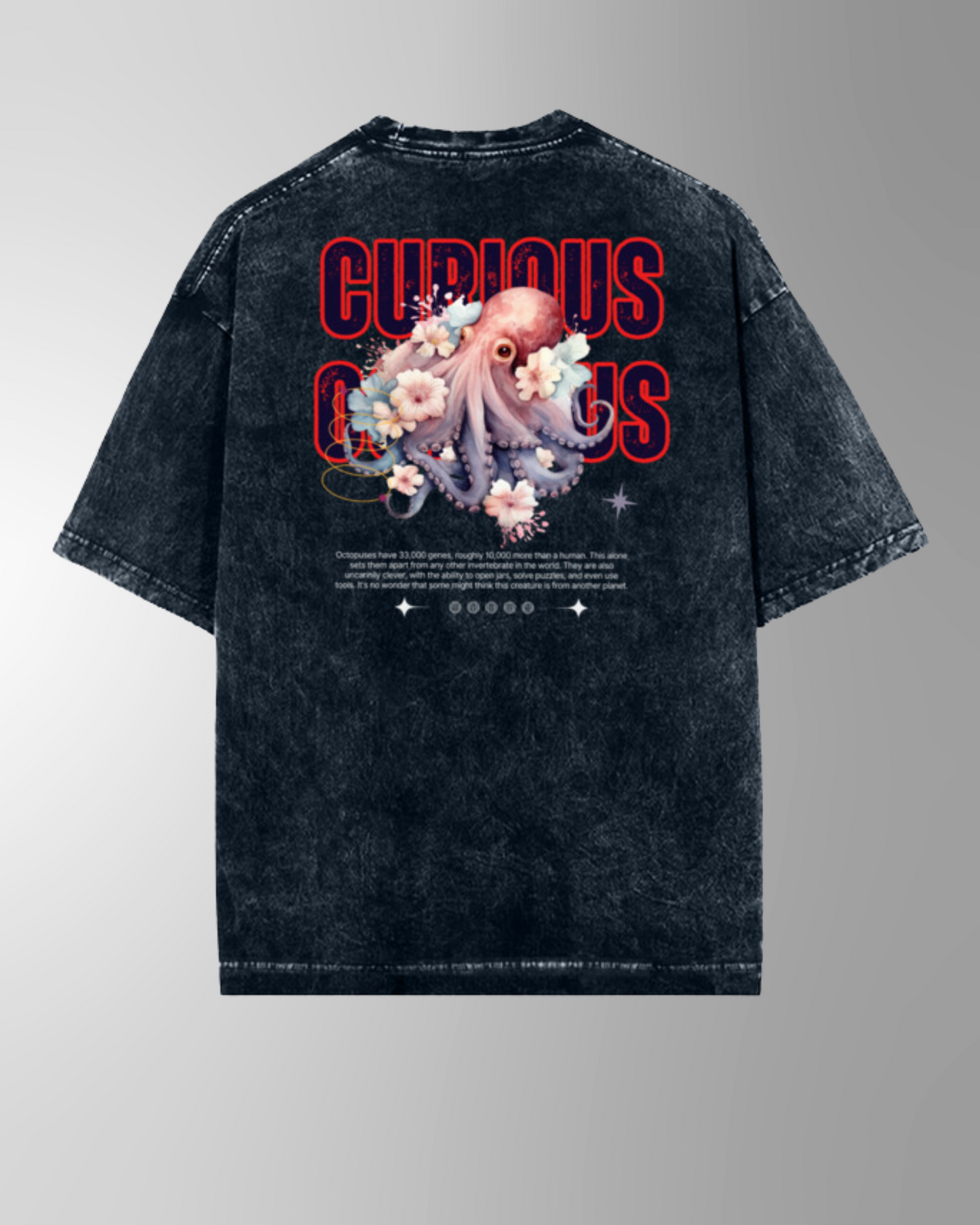 Curious Octopus Unisex Oversized Acid-Wash T-Shirt